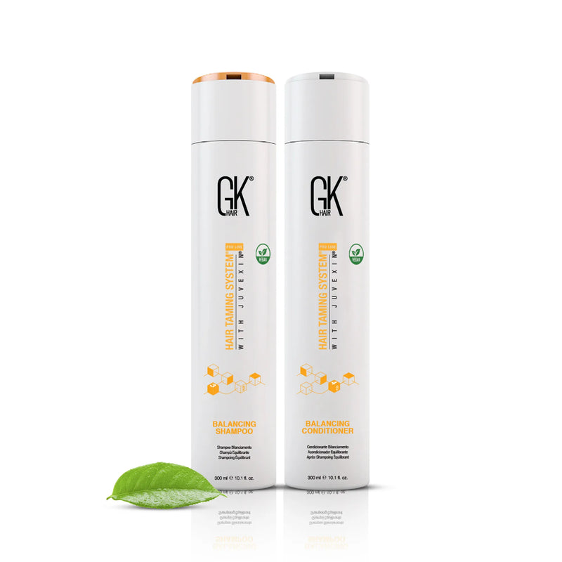 GK Hair Balancing Pro duo: Balancing Shampoo and Conditioner 300 ml bottles with a green leaf