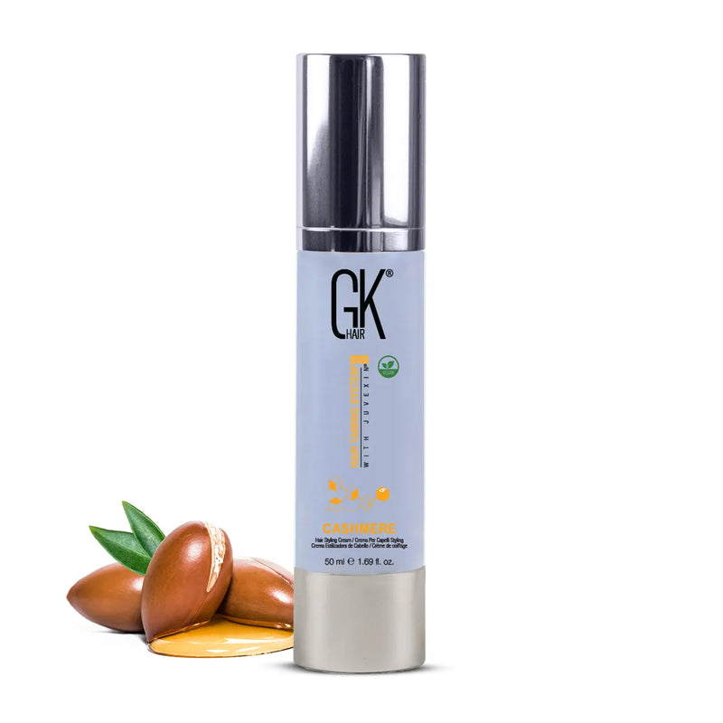 GK Hair Cashmere Pro styling cream 50 ml bottle with silver cap, front view with argan nuts and oil