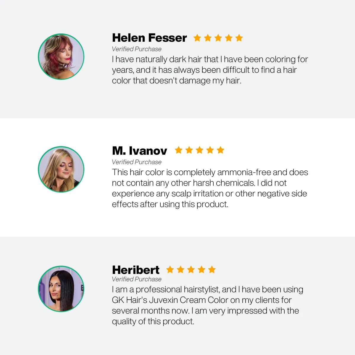 Product reviews for a hair color product with user testimonials and star ratings.