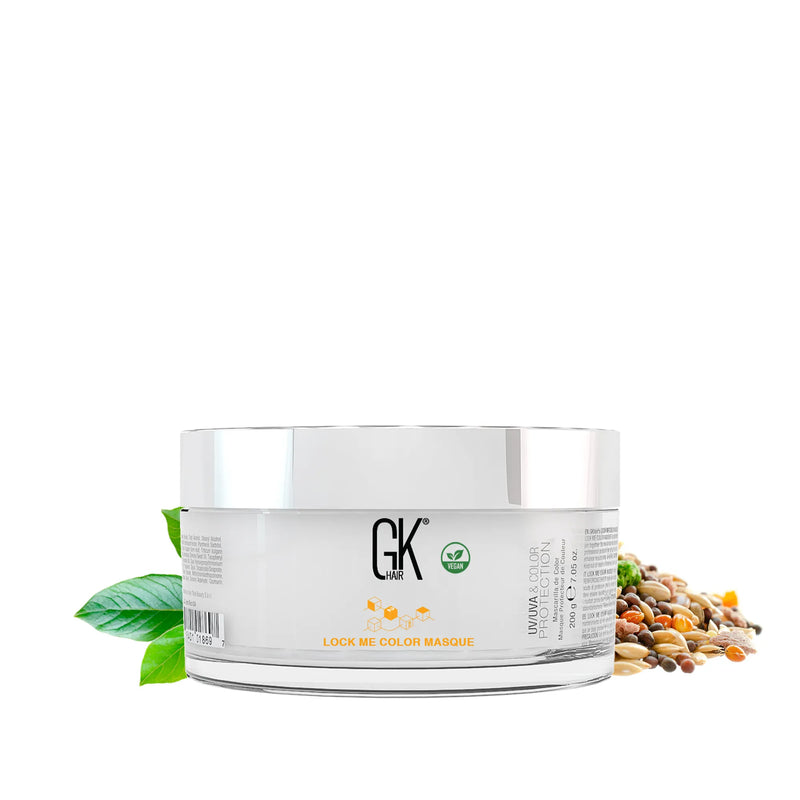 GK Hair Lock Me Color Masque 200 g white jar with a green leaf and mixed seeds on a white background