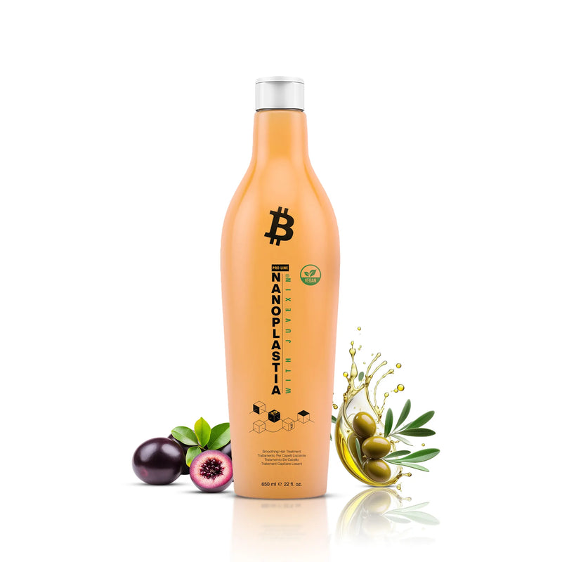GK Hair Nanoplastia Hair Treatment 650 ml orange bottle with acai berries, green olives and an oil splash