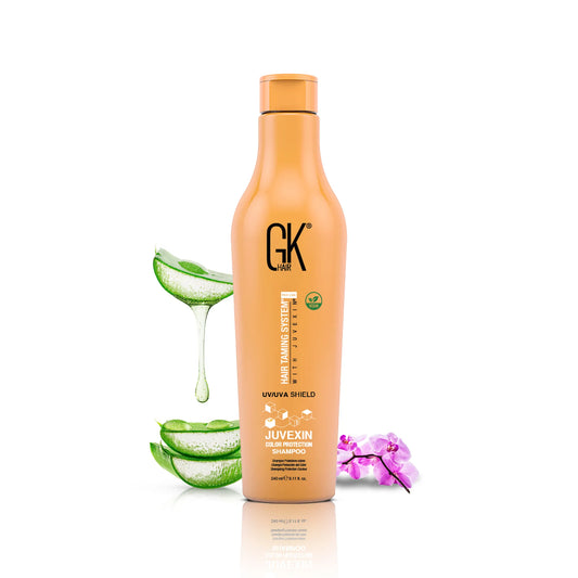 GK Hair Shield Color Protection Shampoo 240 ml orange bottle, front view with aloe vera and a pink orchid