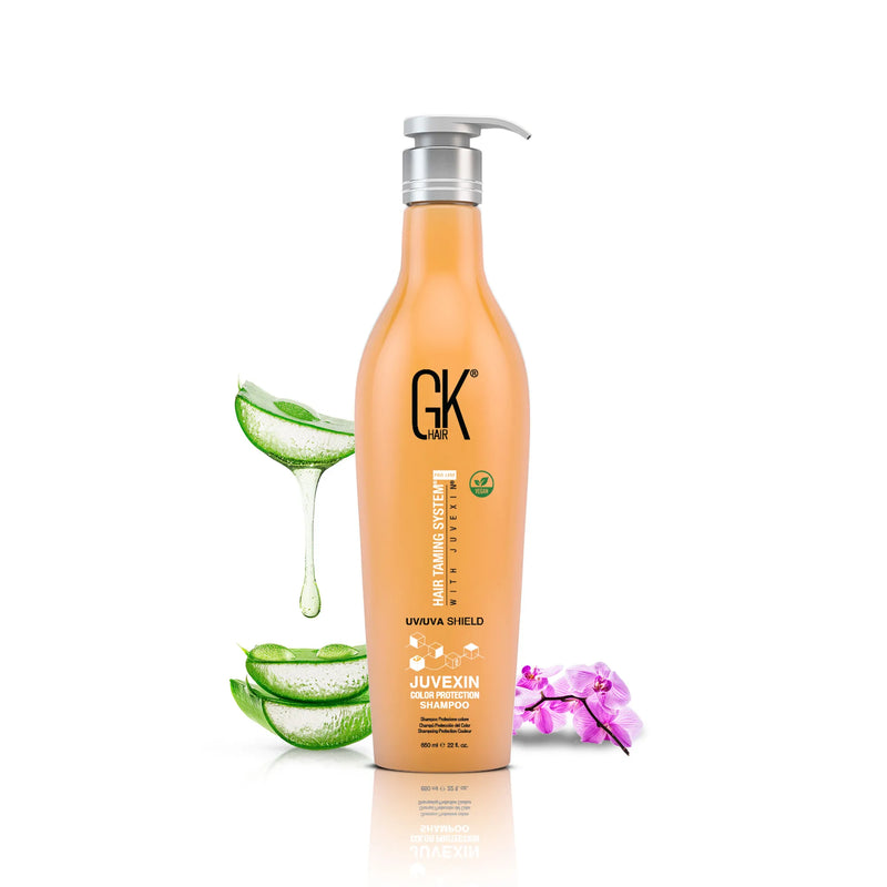 GK Hair Shield Color Protection Shampoo 650 ml orange pump bottle, front view with dripping aloe slice