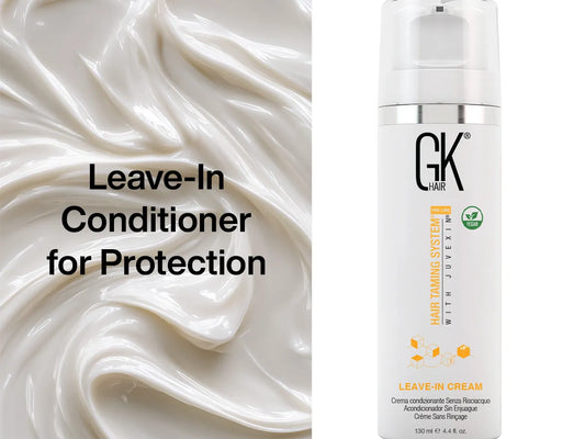Image of a sleek container of GK Hair Leave-In Conditioner with a creamy texture background. It promotes hair protection and is vegan.