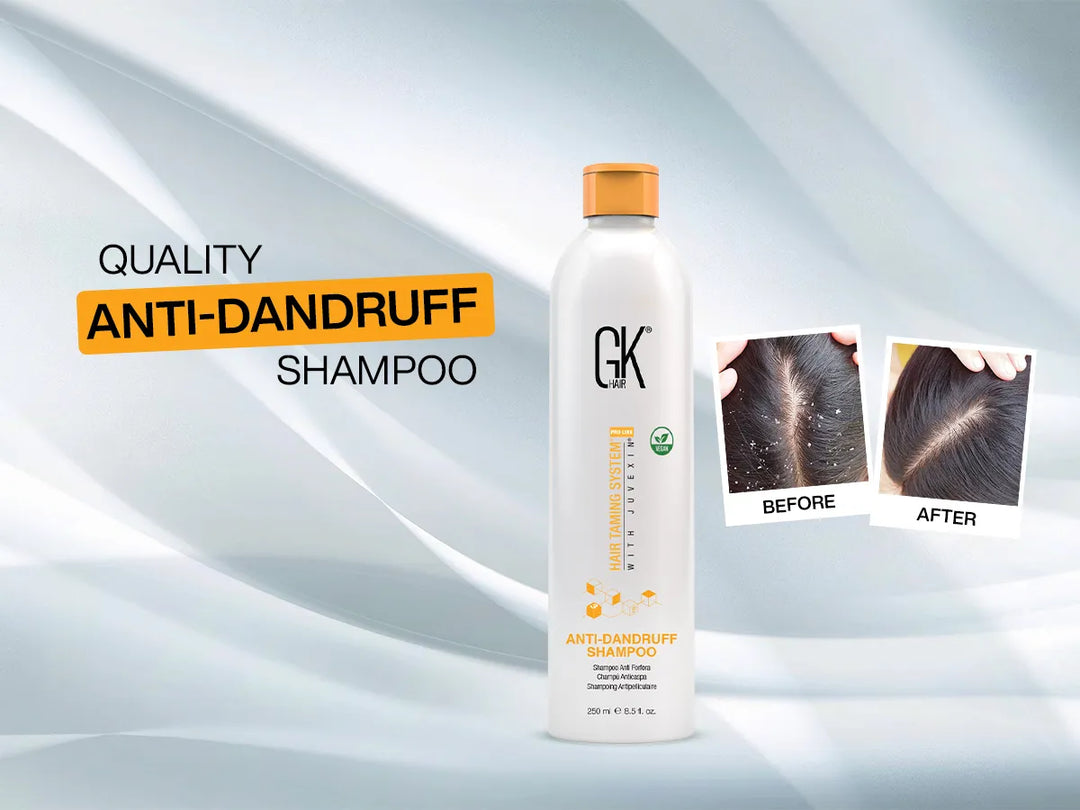 GK Hair's Quality Anti Dandruff Shampoo between text reading "QUALITY ANTI-DANDRUFF SHAMPOO" and two images showing before and after results.