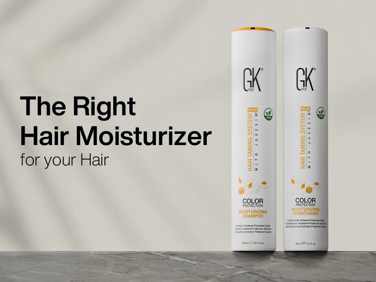 GK Hair Moisturizing Shampoo and Conditioner on a marble surface next to bold text: "The Right Hair Moisturizer for your Hair." The mood is professional.