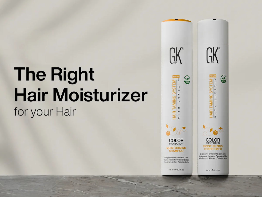 GK Hair Moisturizing Shampoo and Conditioner on a marble surface next to bold text: "The Right Hair Moisturizer for your Hair." The mood is professional.