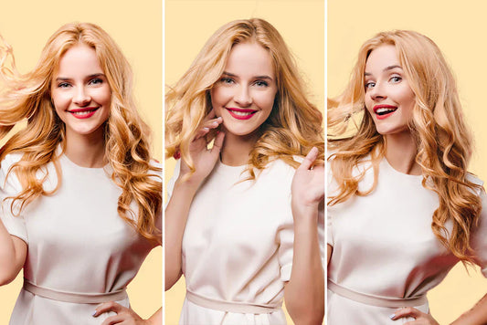 Three close-up portraits of a woman with long, wavy blonde hair, wearing a light dress, against a soft yellow background.