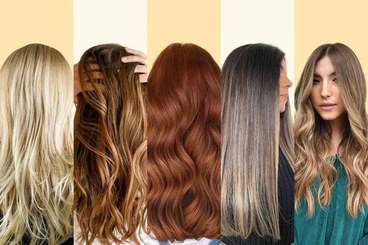 Five women showcase various hairstyles: blonde waves, loose brown curls, vibrant red locks, sleek dark hair, and wavy brown ends.