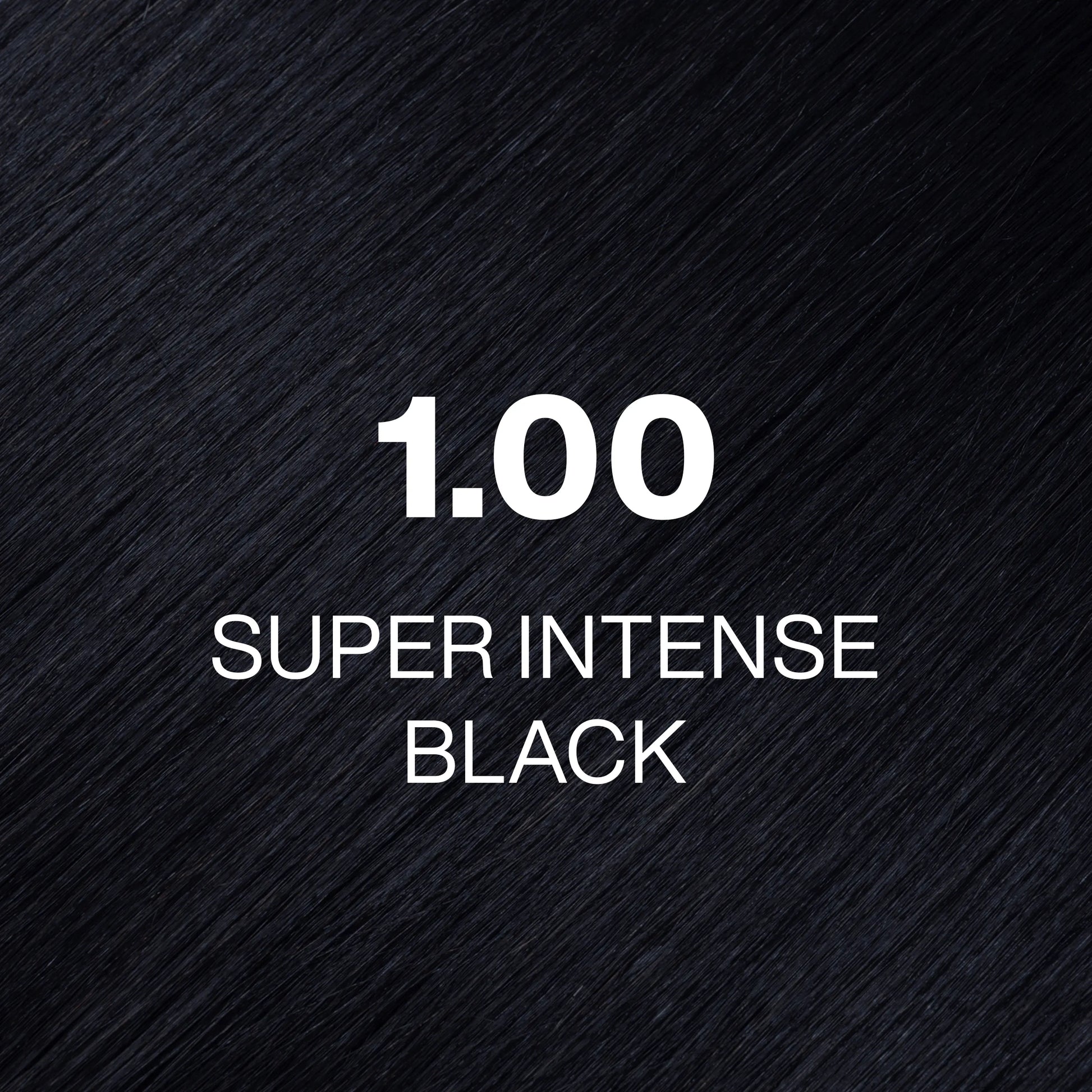 Silky hair texture showcasing the GK Hair's Juxevin Cream color "1.00 Super Intense Black" in bold white text.