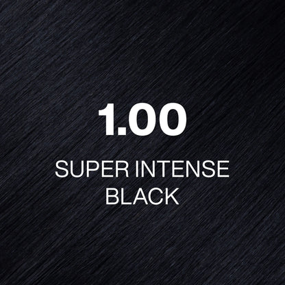 Silky hair texture showcasing the GK Hair's Juxevin Cream color "1.00 Super Intense Black" in bold white text.
