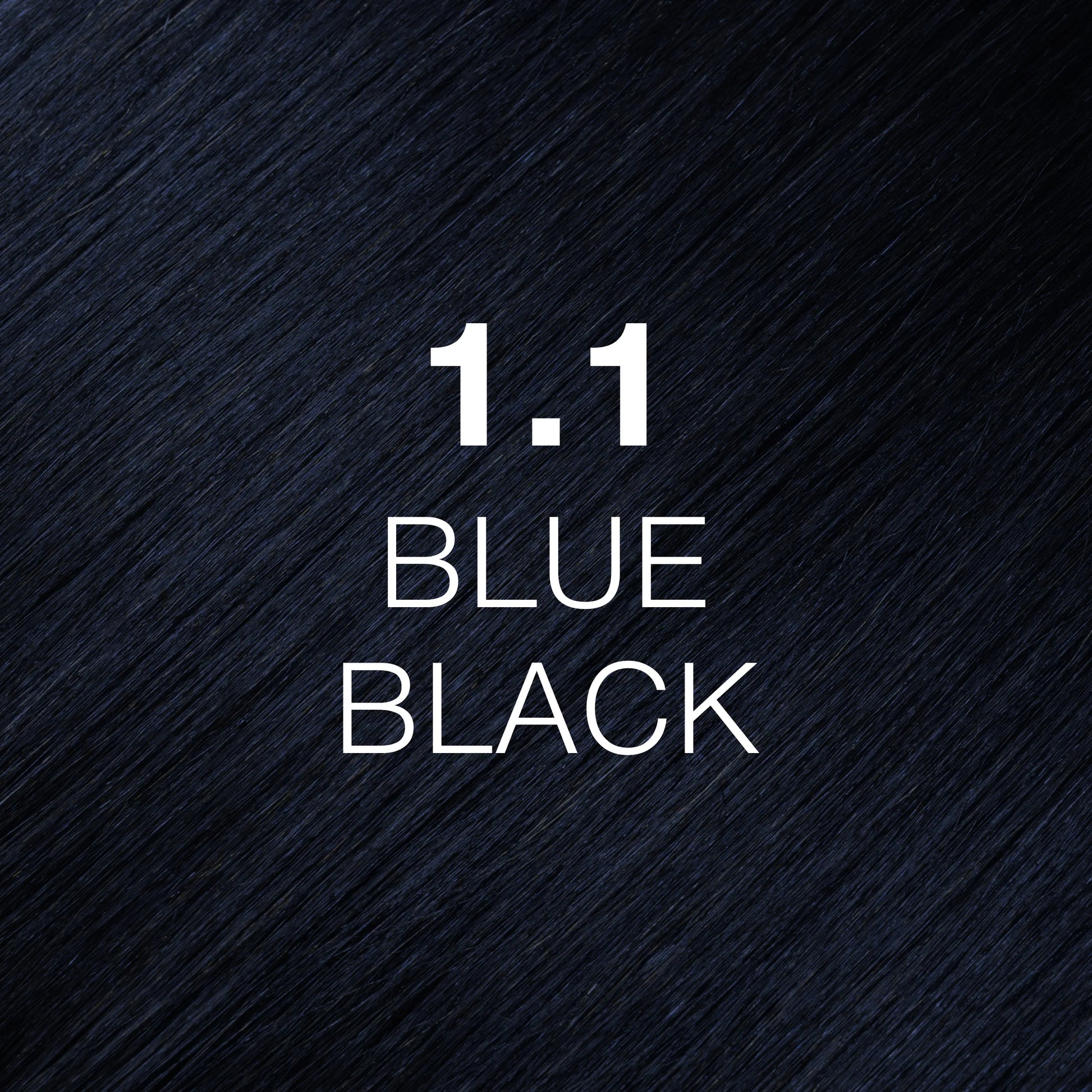 Silky hair texture showcasing the GK Hair's Juxevin Cream Color "1.1 Blue Black" in bold white text.