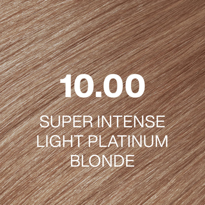Silky hair texture showcasing the GK Hair's Juxevin Cream Color " 10.00 Super Intense Light Platinum Blonde" in bold white text.
