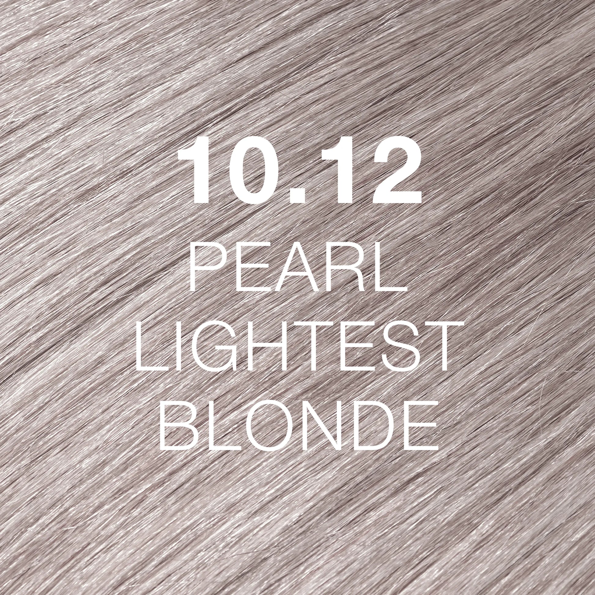 Silky hair texture showcasing the GK Hair's Juxevin Cream Color "10.12 Pearl Lightest Blonde" in bold white text.