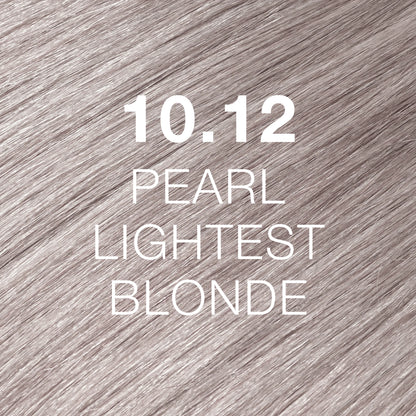 Silky hair texture showcasing the GK Hair's Juxevin Cream Color "10.12 Pearl Lightest Blonde" in bold white text.