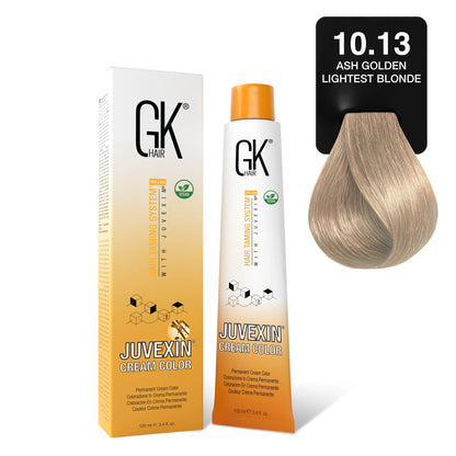 GK Hair's Juvexin 10.13 Ash Golden Lightest Blonde Cream Color product set.