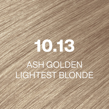 Silky hair texture showcasing the GK Hair's Juxevin Cream Color "10.13 Ash Golden Lightest Blonde" in bold white text.