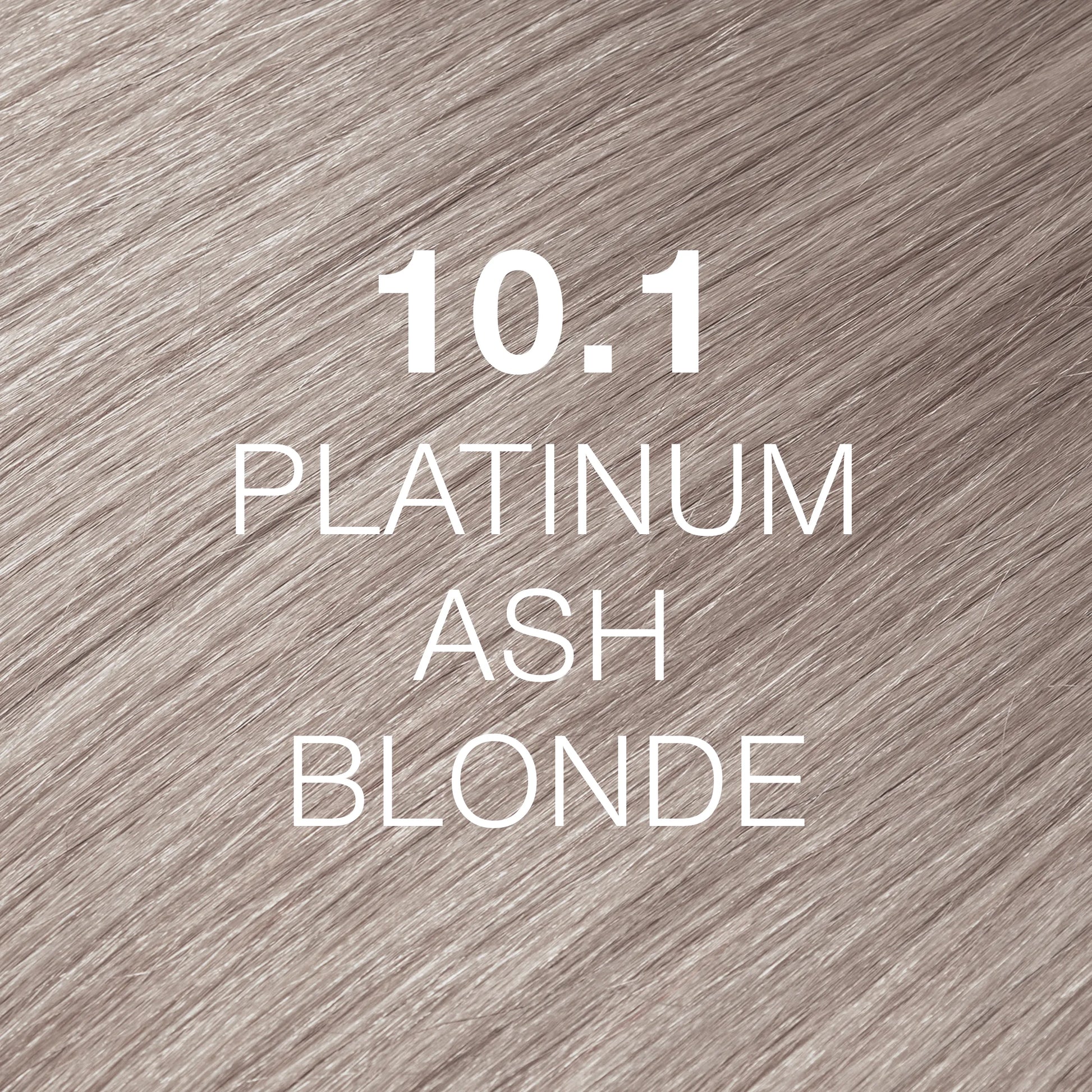 Silky hair texture showcasing the GK Hair's Juxevin Cream Color "10.1 Platinum Ash Blonde" in bold white text.