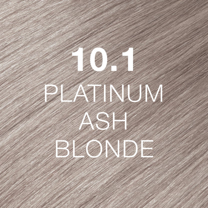 Silky hair texture showcasing the GK Hair's Juxevin Cream Color "10.1 Platinum Ash Blonde" in bold white text.
