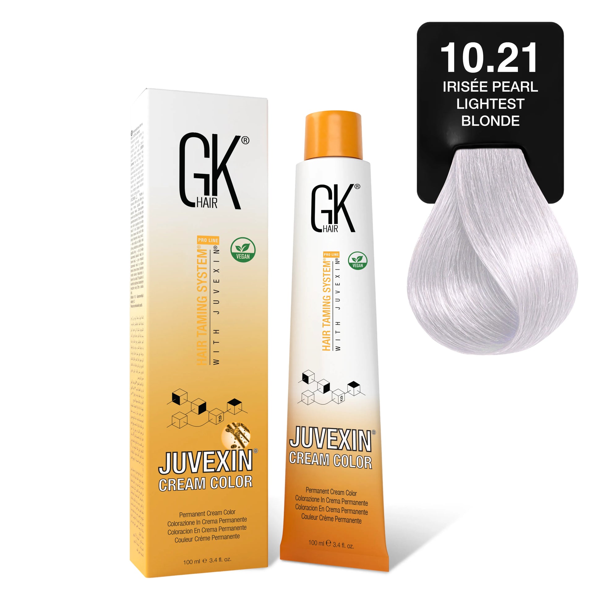 GK Hair's Juvexin 10.21 Irisee Pearl Lightest Blonde Cream Color product set includes Volume Developer.