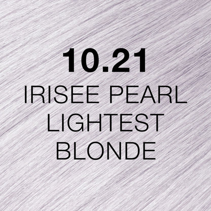 Silky hair texture showcasing the GK Hair's Juxevin Cream Color "10.21 Irisee Pearl Lightest Blonde" in bold white text.