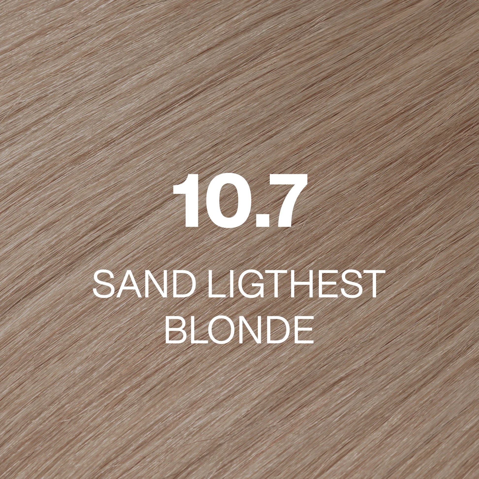 Silky hair  texture showcasing the GK Hair's Juxevin Cream Color "10.7 Sand Lightest Blonde" in bold white text.
