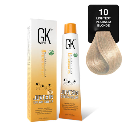 GK Hair's Juvexin 10 Lightest Platinum Blonde Cream Color product set includes Volume Developer.