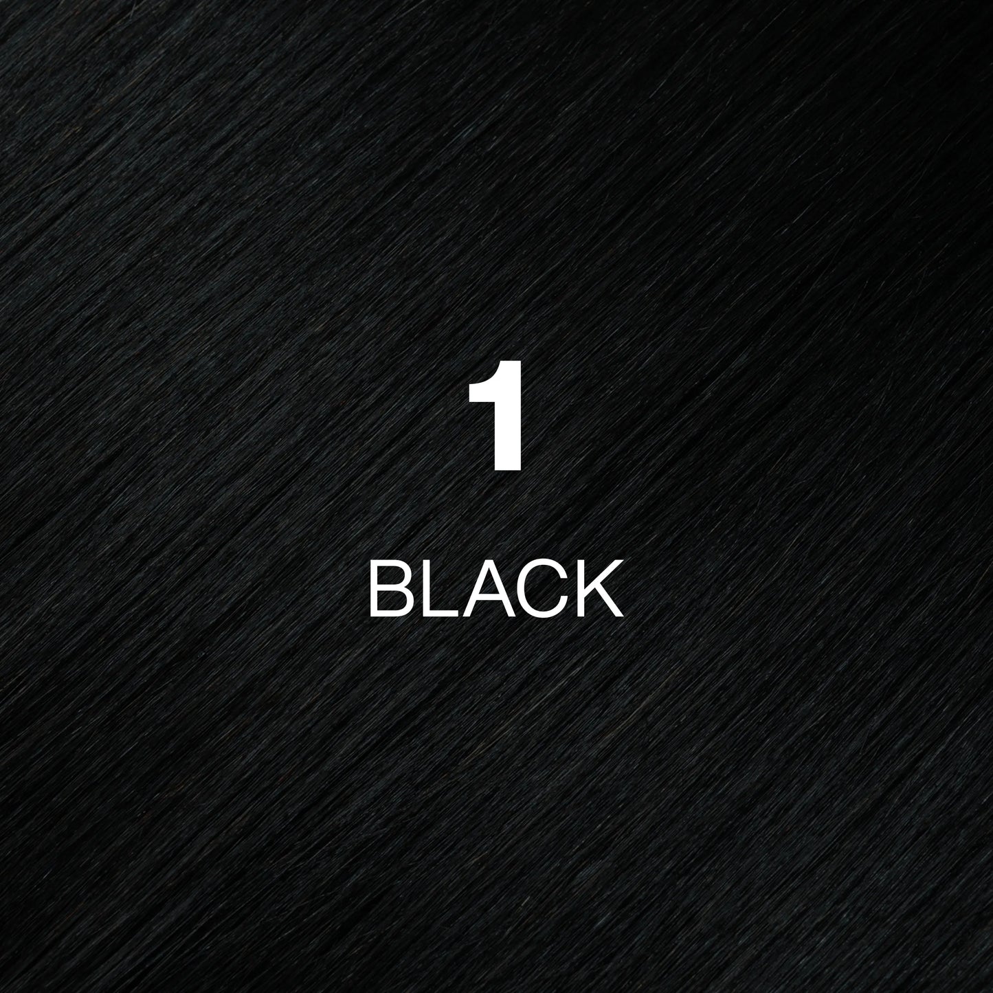 Silky hair texture showcasing the GK Hair's Juxevin Cream Color "1 Black" in bold white text.