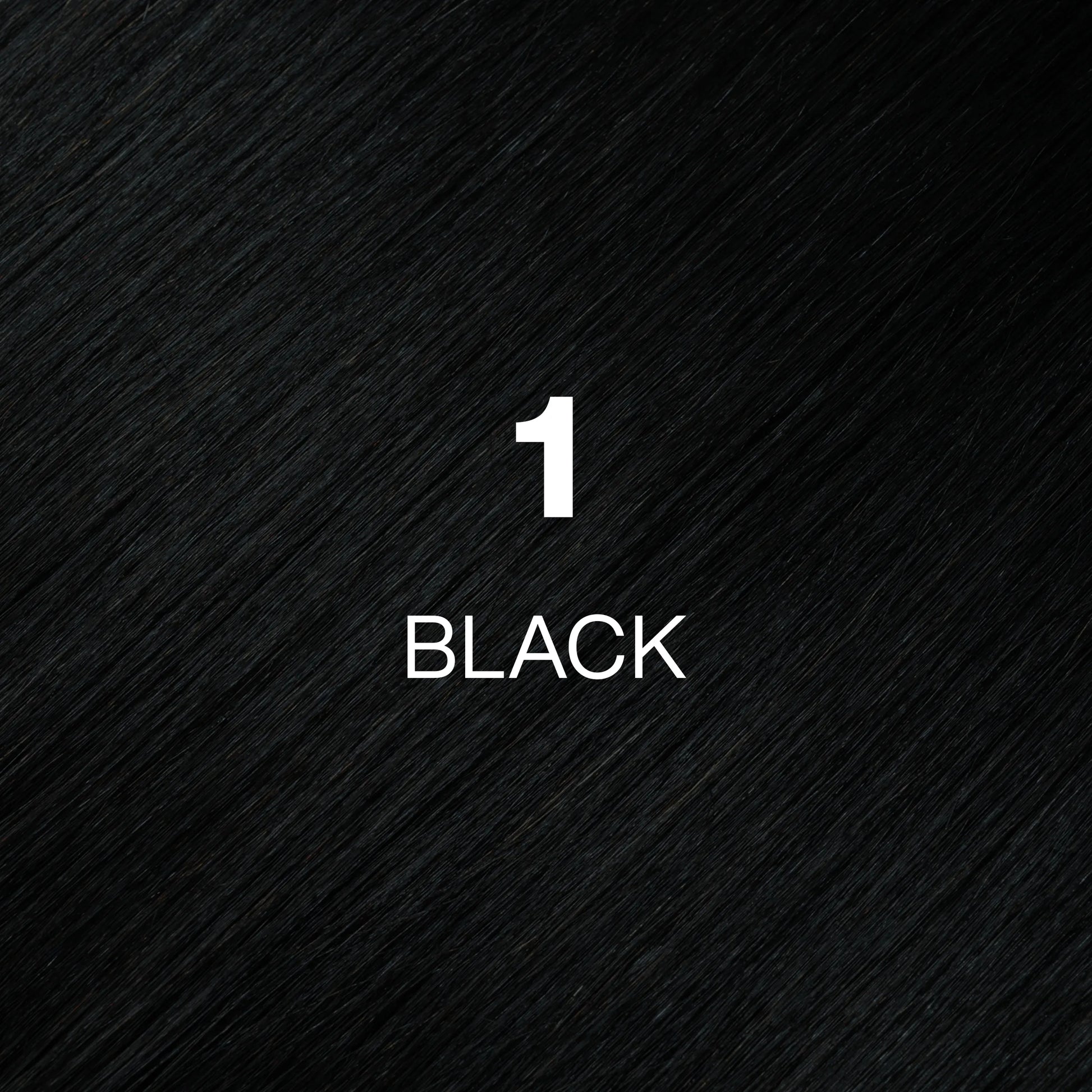 Silky hair texture showcasing the GK Hair's Juxevin Cream Color "1 Black" in bold white text.