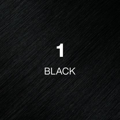 Silky hair texture showcasing the GK Hair's Juxevin Cream Color "1 Black" in bold white text.