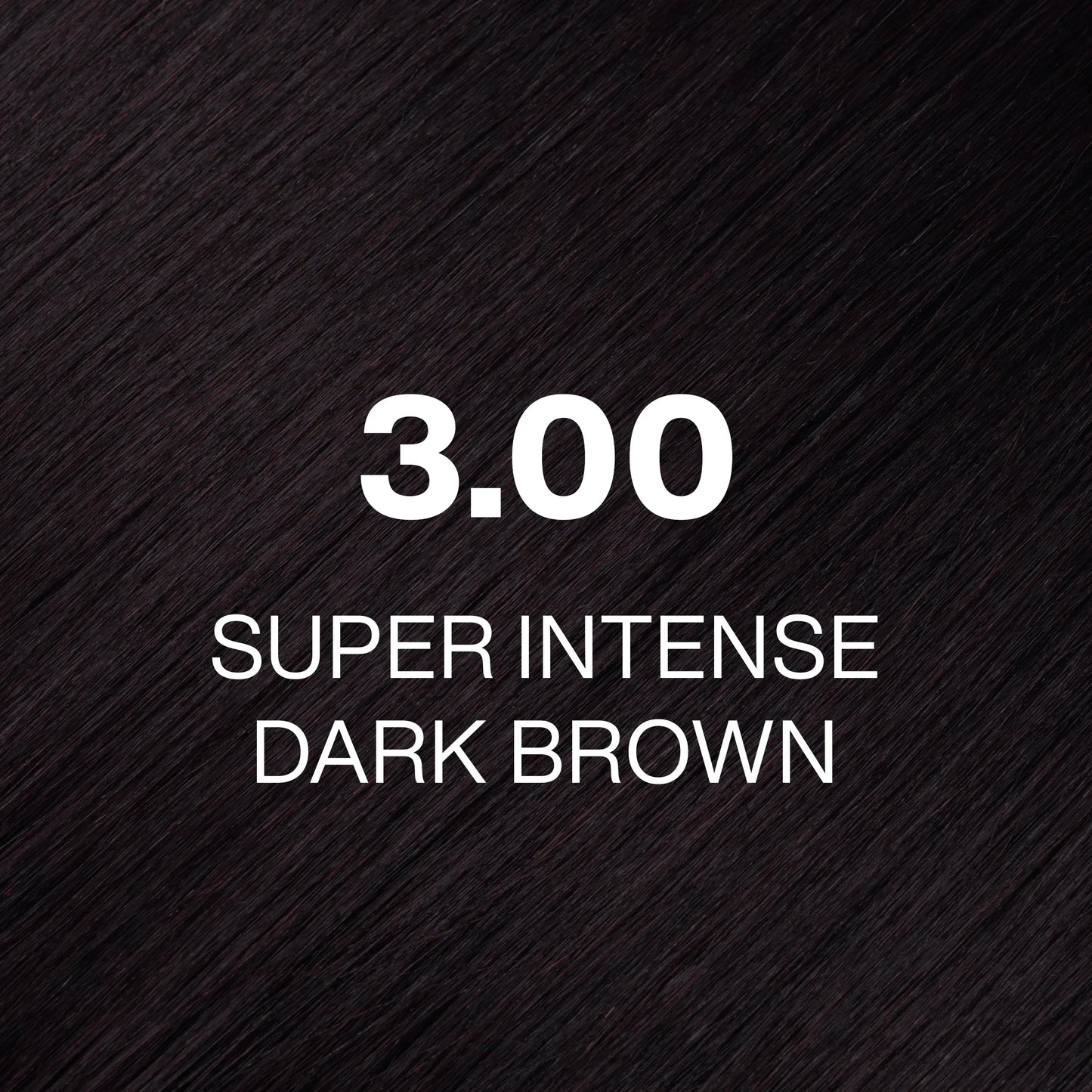 Silky hair texture showcasing the GK Hair's Juxevin Cream Color "3.00 Super Intense Dark Brown" in bold white text.