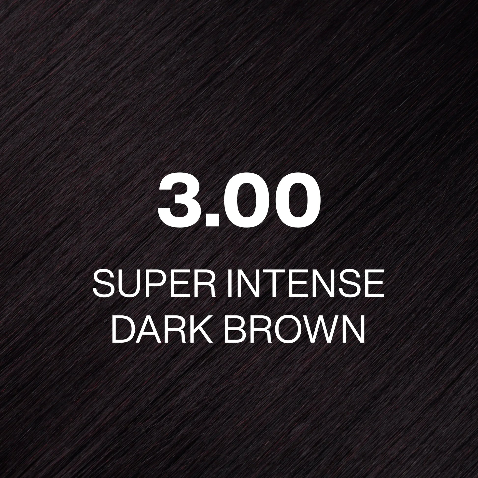 Silky hair texture showcasing the GK Hair's Juxevin Cream Color "3.00 Super Intense Dark Brown" in bold white text.