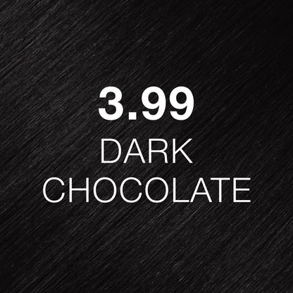 Silky hair texture showcasing the GK Hair's Juxevin Cream Color "3.99 Dark Chocolate" in bold white text.