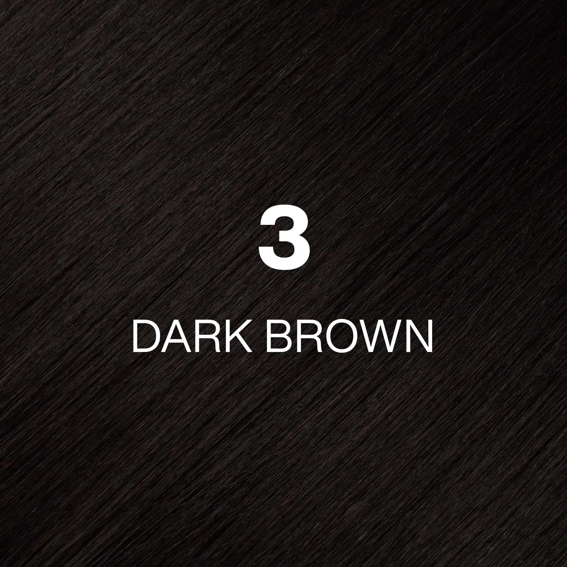 Silky hair texture showcasing the GK Hair's Juxevin Cream Color "3 Dark Brown" in bold white text.