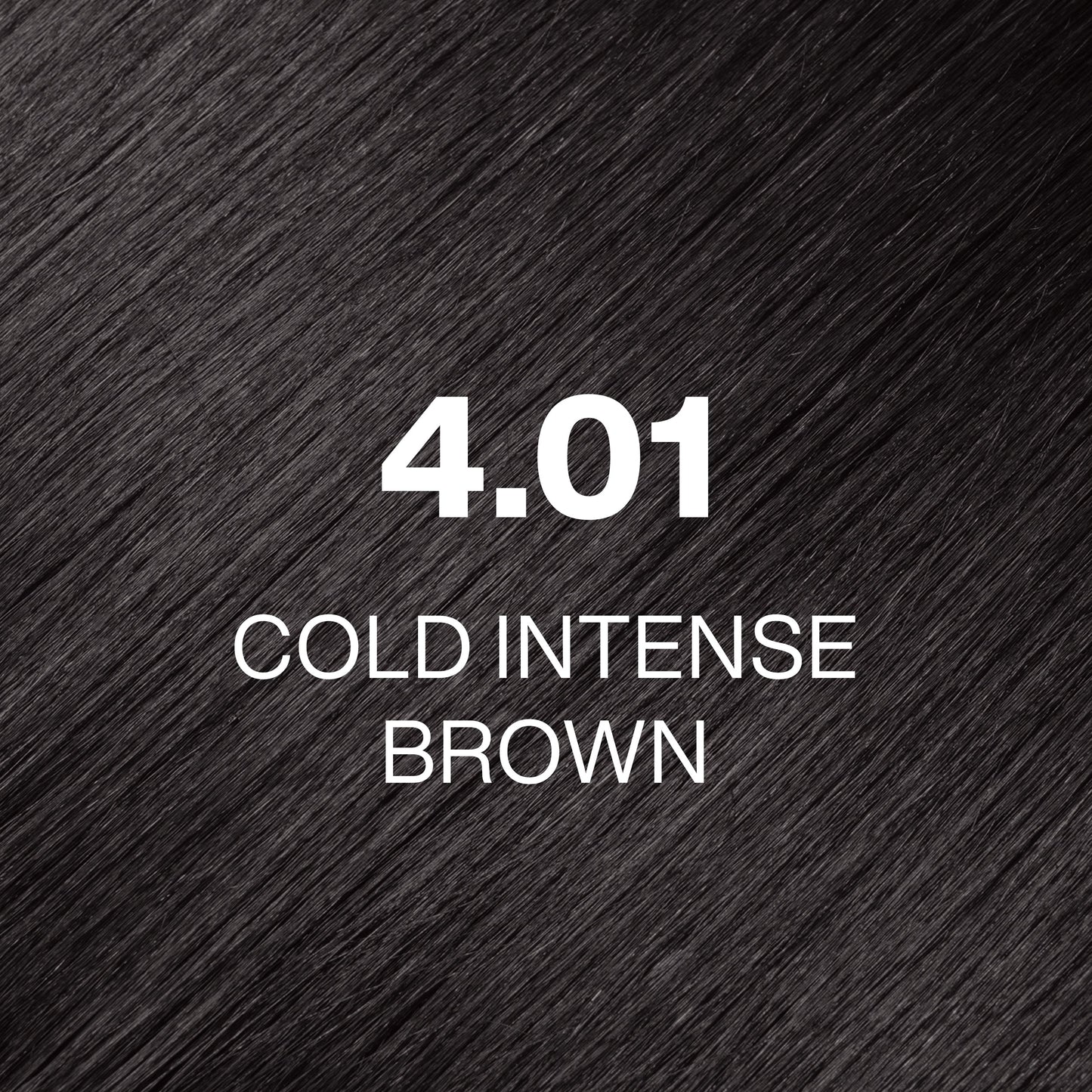 Silky hair texture showcasing the GK Hair's Juxevin Cream Color "4.01 Cold Intense Brown" in bold white text.
