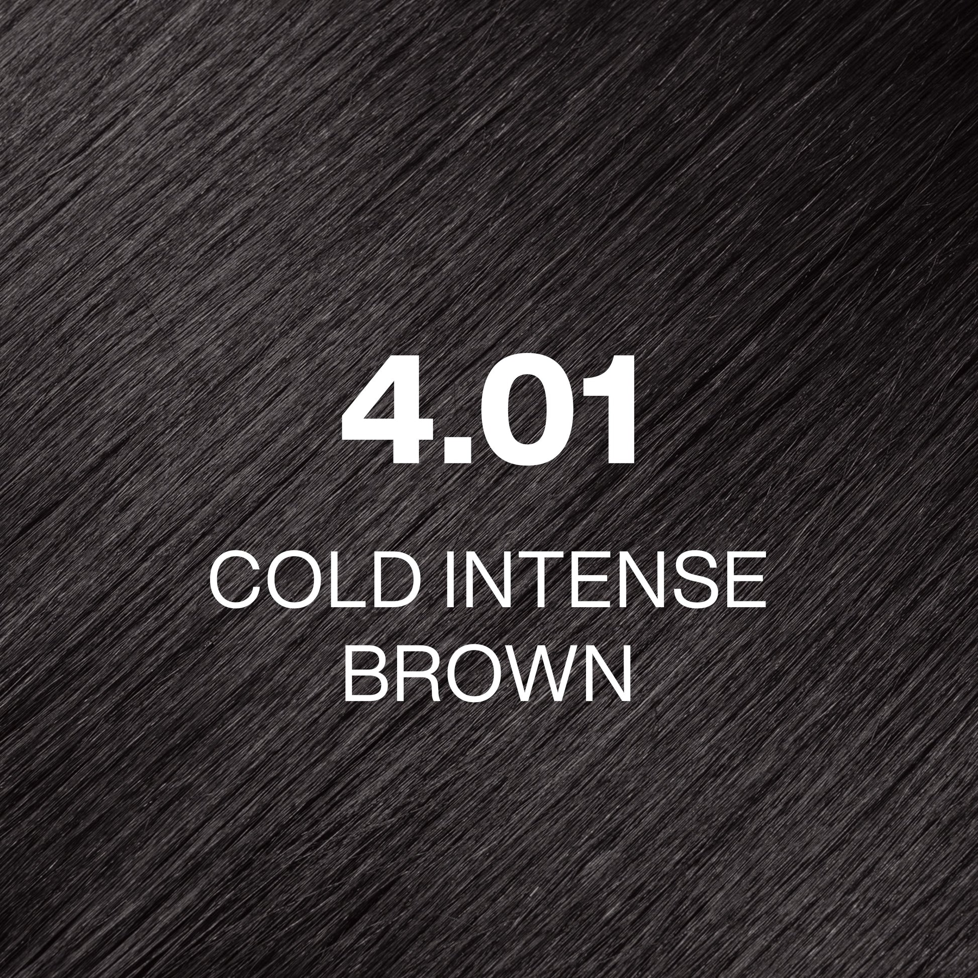 Silky hair texture showcasing the GK Hair's Juxevin Cream Color "4.01 Cold Intense Brown" in bold white text.