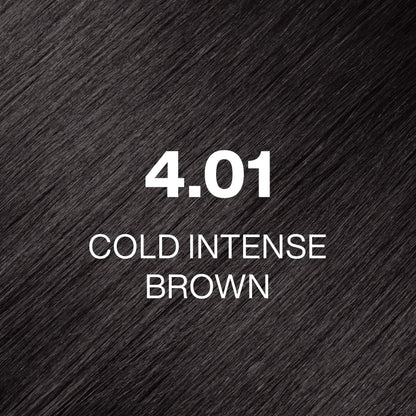 Silky hair texture showcasing the GK Hair's Juxevin Cream Color "4.01 Cold Intense Brown" in bold white text.