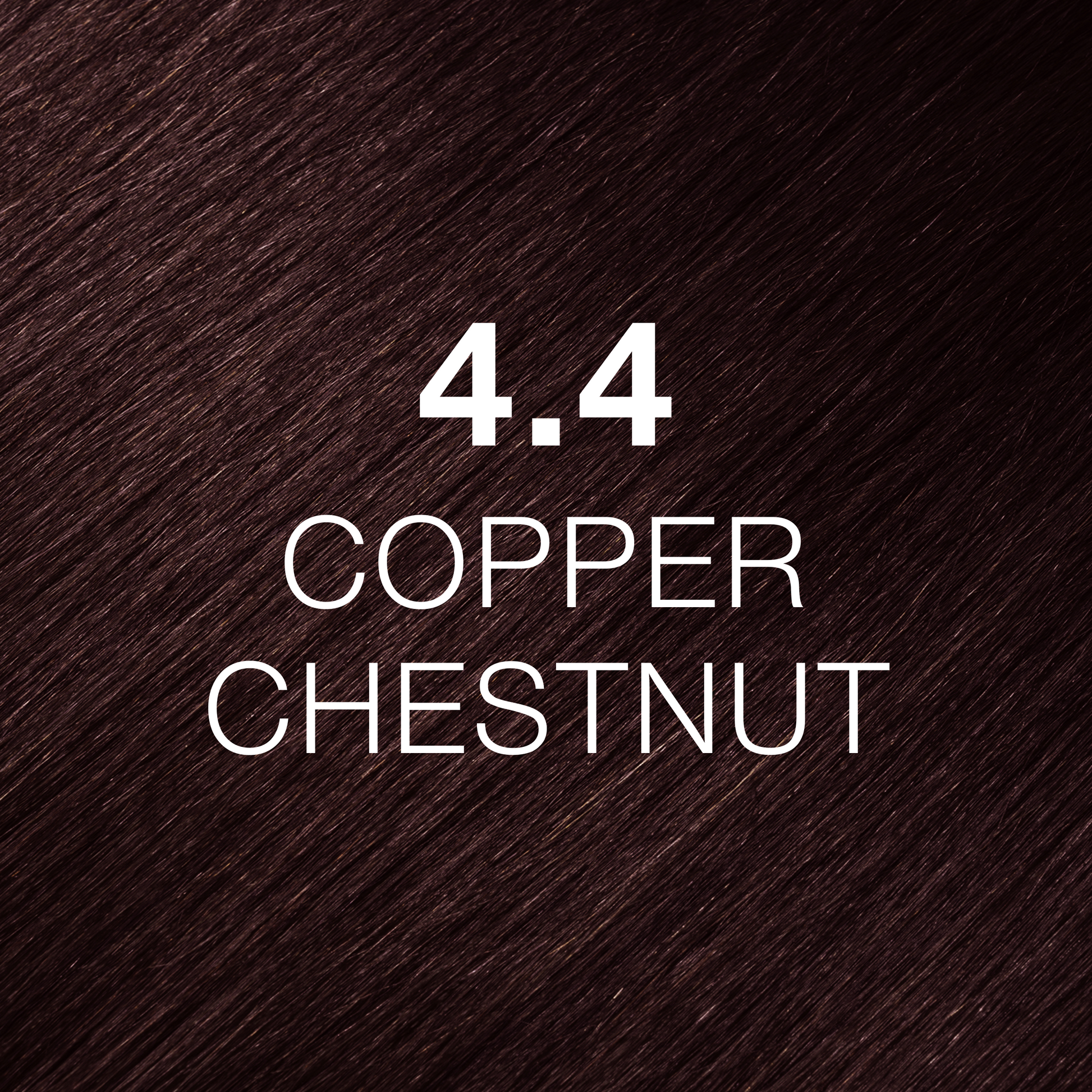 Silky hair texture showcasing the GK Hair's Juxevin Cream Color "4.4 Copper Chestnut" in bold white text.
