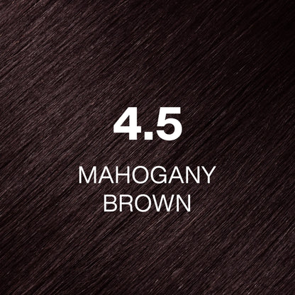 Silky hair texture showcasing the GK Hair's Juxevin Cream Color "4.5 Mahogany Brown" in bold white text.