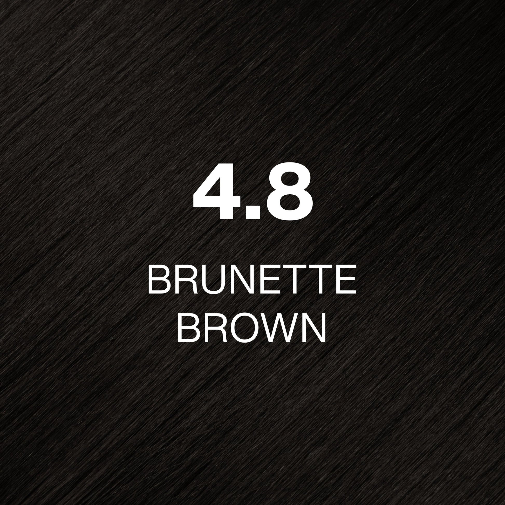 Silky hair texture showcasing the GK Hair's Juxevin Cream Color "4.8 Brunette Brown" in bold white text.