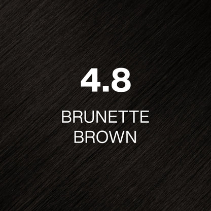 Silky hair texture showcasing the GK Hair's Juxevin Cream Color "4.8 Brunette Brown" in bold white text.