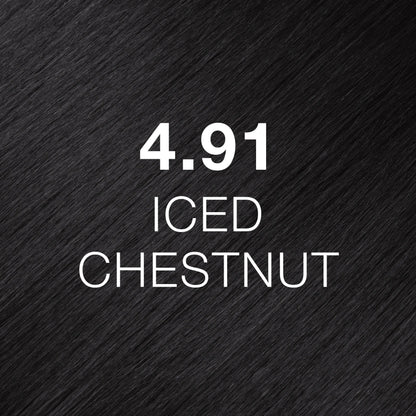 Silky hair texture showcasing the GK Hair's Juxevin Cream Color "4.91 Iced Chesnut" in bold white text.