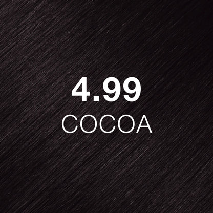 Silky hair texture showcasing the GK Hair's Juxevin Cream Color "4.99 Cocoa" in bold white text.