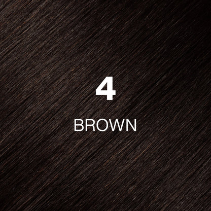 Silky hair texture showcasing the GK Hair's Juxevin Cream Color "4 Brown" in bold white text.