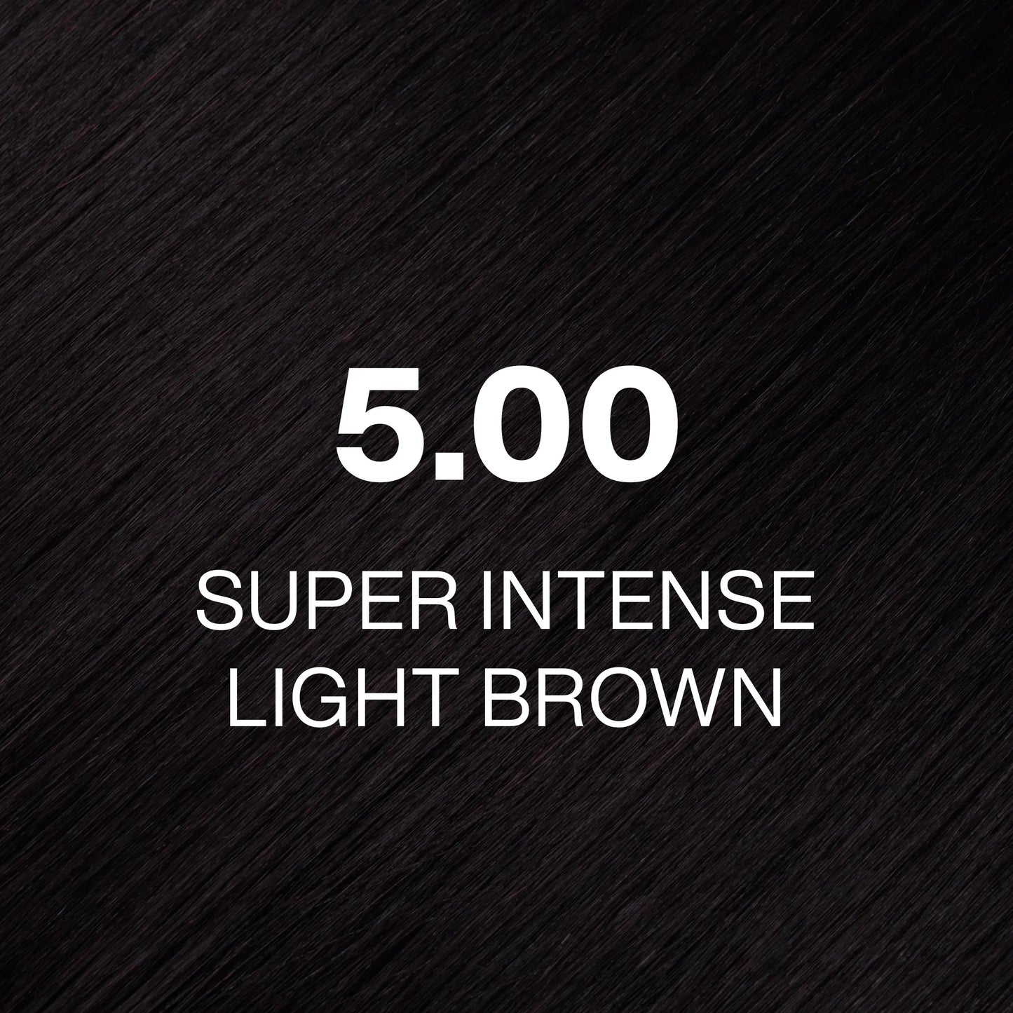 Silky hair texture showcasing the GK Hair's Juxevin Cream Color "5.00 Super Intense Light Brown" in bold white text.