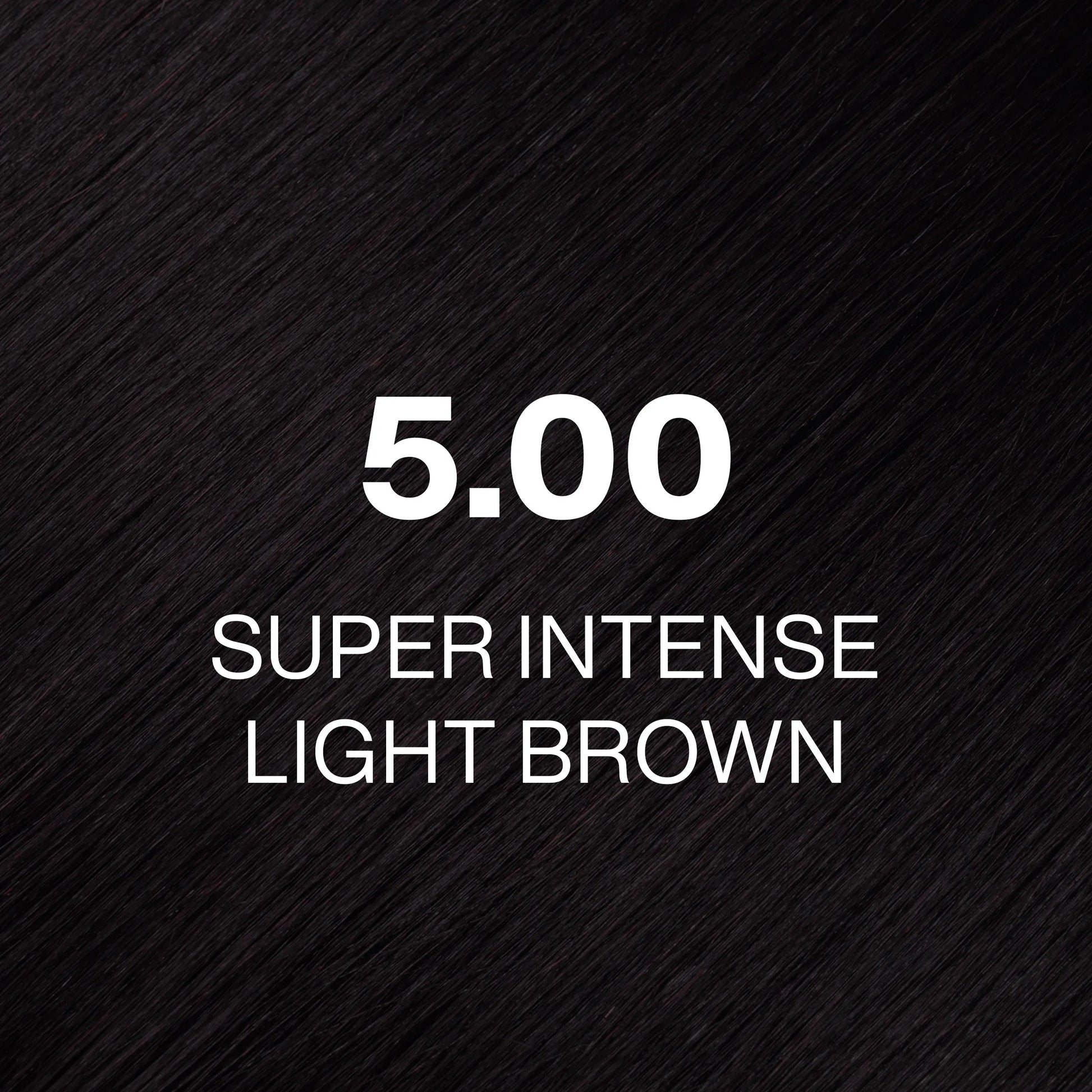 Silky hair texture showcasing the GK Hair's Juxevin Cream Color "5.00 Super Intense Light Brown" in bold white text.