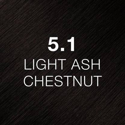 Silky hair texture showcasing the GK Hair's Juxevin Cream Color "5.1 Light Ash Chestnut" in bold white text.