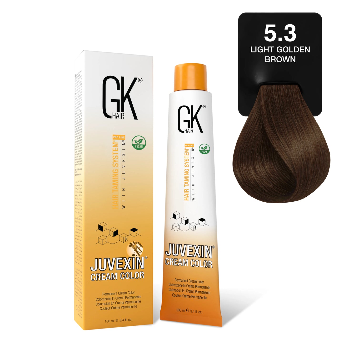 GK Hair's Juvexin 5.3 Light Golden Brown Cream Color product set including Volume Developer.