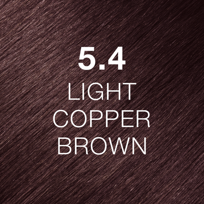 Silky hair texture showcasing the GK Hair's Juxevin Cream Color "5.4 Light Copper Brown" in bold white text.