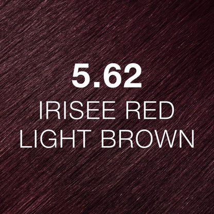 Silky hair texture showcasing the GK Hair's Juxevin Cream Color "5.62 Irisee Red Light Brown" in bold white text.
